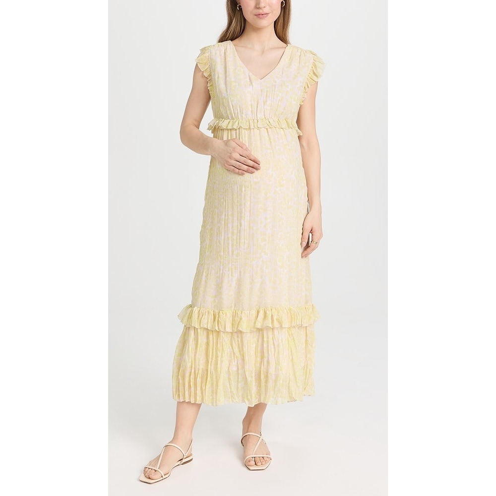 Hatch Maternity The Luna Dress Yellow Floral Ruffle Tiered Midi Dress US M